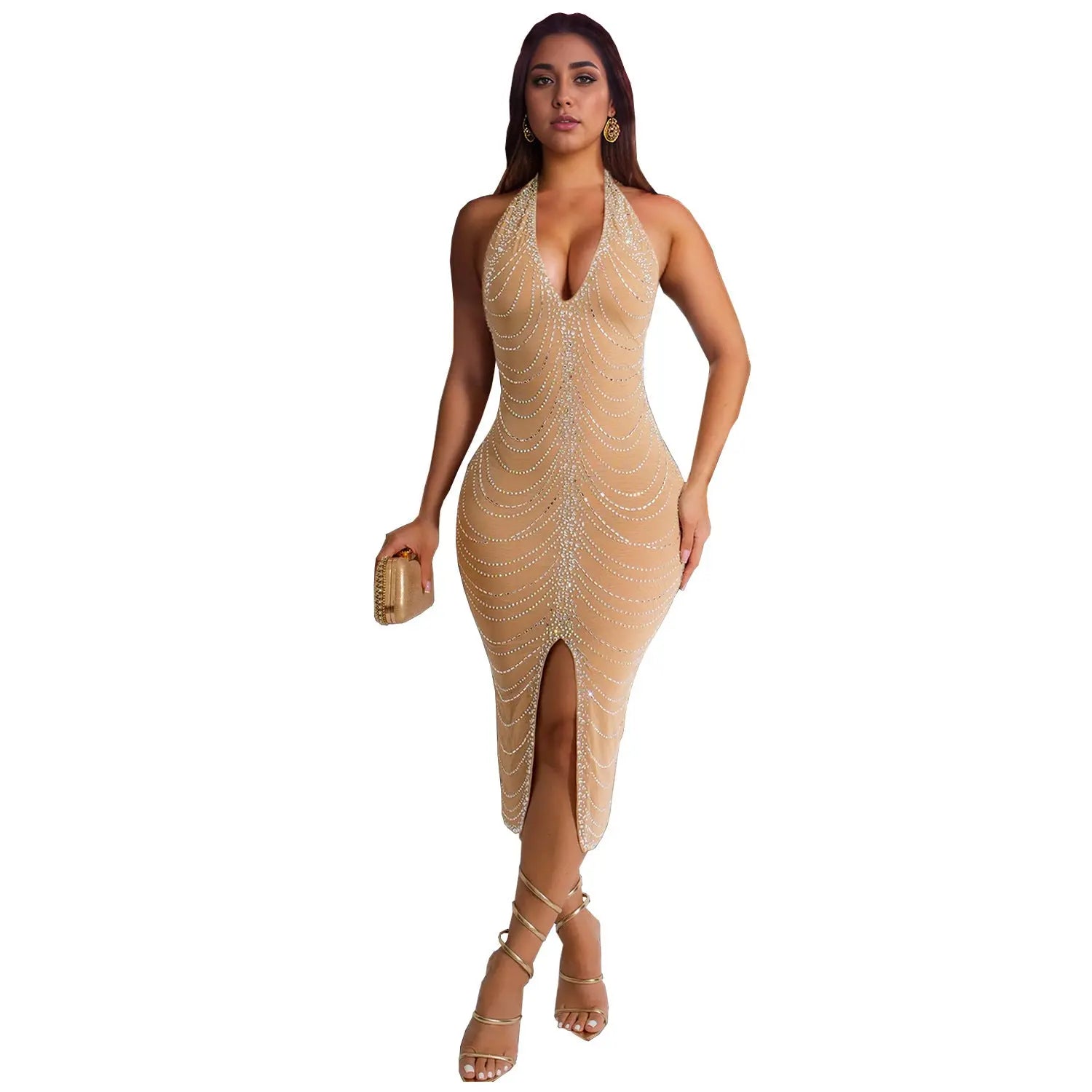 European And American Fashion Rhinestone Slim Fit Dress Lady T Fashions