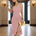 Women's Solid Color Beaded Off-Shoulder Bodycon Dress - Ruffle Hem & Slit Tight Midi Dress For Summer Parties Lady T Fashions