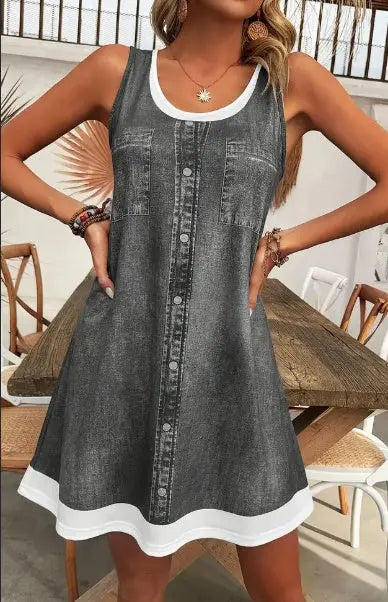 Women's Casual Sleeveless Beach Dress With Color Block Design, Round Neck, Faux Button Detail - Machine Washable Lady T Fashions
