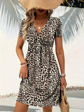 Color Cotton Short Sleeve V-neck Design Chest Twist Waist Dress Lady T Fashions