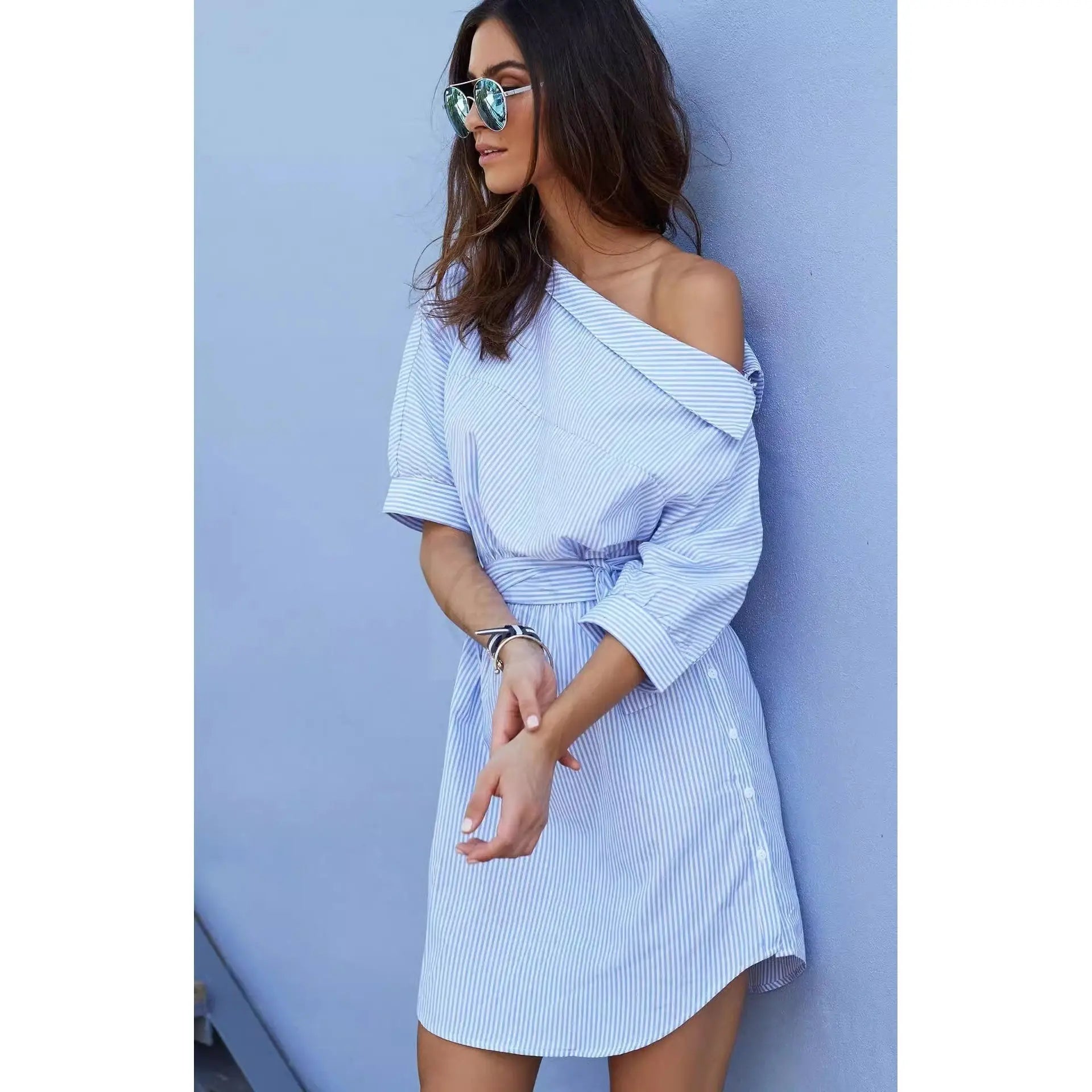 Striped No Elastic Waist Tight Slimming Short Sleeve Dress Lady T Fashions