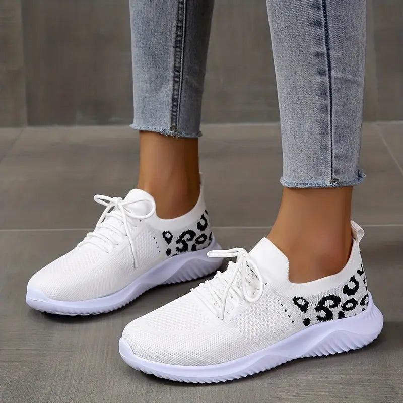 Women's Leopard Knit Sports Shoes, Breathable Lace Up Low Top Running Shoes, Casual Walking Tennis Sneakers Lady T Fashions