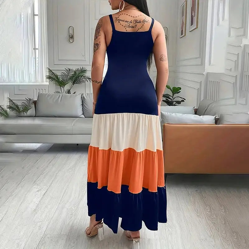 Women's Summer Casual Sleeveless V Neck Color Block Spaghetti Strap Maxi Long Dress Lady T Fashions
