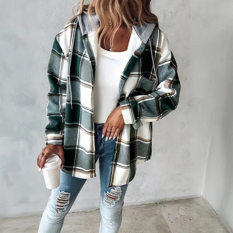 Women's Plaid Hoodie Long Sleeve Jacket Button Drawstring Casual Fall Shirts Shacket With Pocket Lady T Fashions
