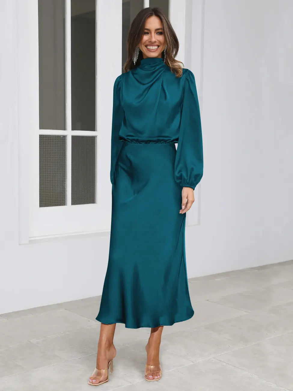 Dress Spring And Autumn Halterneck Long-sleeved Formal Dress Satin Elegant Lady Of Note Evening Dress Lady T Fashions