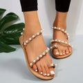 Women's Faux Pearl Flat Sandals, Stylish Rhinestone Toe Loop Slip On Shoes, Outdoor Beach Non Slip Sandals Lady T Fashions
