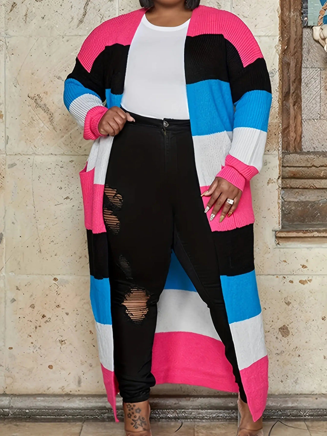Plus Size Cozy Colorblock Striped Cardigan - Soft Knitted Fabric, Long Sleeves, Open Front Design, Perfect for Casual Daily Wear - Designed for Plus Size Women, Womens Fashion Clothing Lady T Fashions