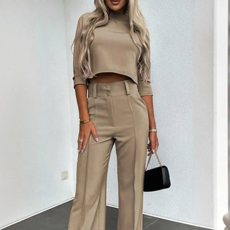 Women's Elegant Solid Color Half Sleeve Short Top With Straight Leg Pants Two-Piece Office Wear Suit With Pockets Lady T Fashions