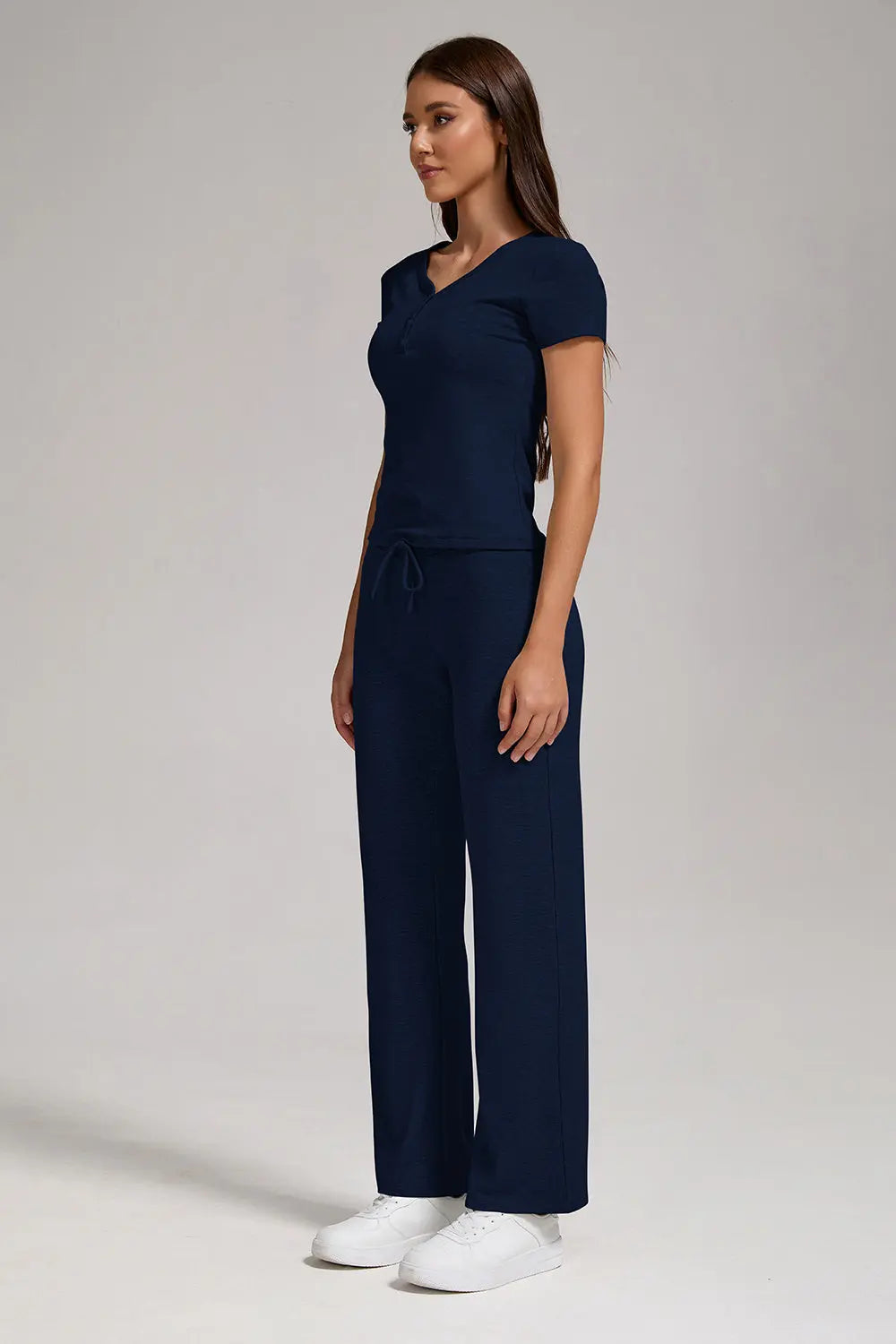 Women's Casual Sports Two-piece Set With V-neck Button, Short Sleeved, Low Waisted Flared Pants, Sportswear Lady T Fashions