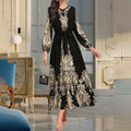 Women's Bohemian Floral Print Dress Ethnic Middle Eastern Style Long Sleeve Tiered Maxi Dress With Drawstring Waist Lady T Fashions