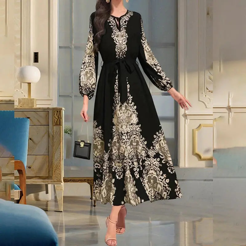 Women's Bohemian Floral Print Dress Ethnic Middle Eastern Style Long Sleeve Tiered Maxi Dress With Drawstring Waist Lady T Fashions