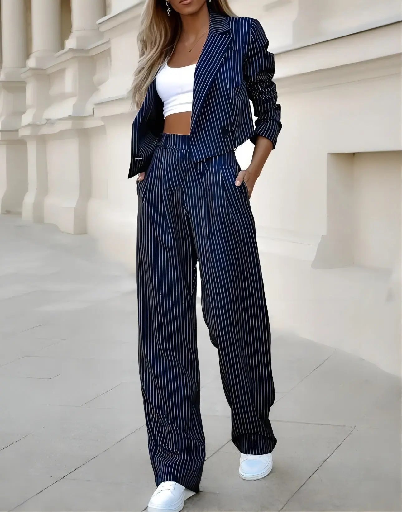 Women's Spring Fashion Striped Suits Casual Lapel Long Sleeve Cropped Top And Straight Pants Outfits Women's Clothing Lady T Fashions