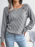 Texture Button Lantern Sleeve Sweater - Women's Round Neck Sweater Lady T Fashions