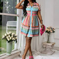 Women's Printed Collar Button Down Dress - Puff Short Sleeve Mini Shirt Dress Lady T Fashions