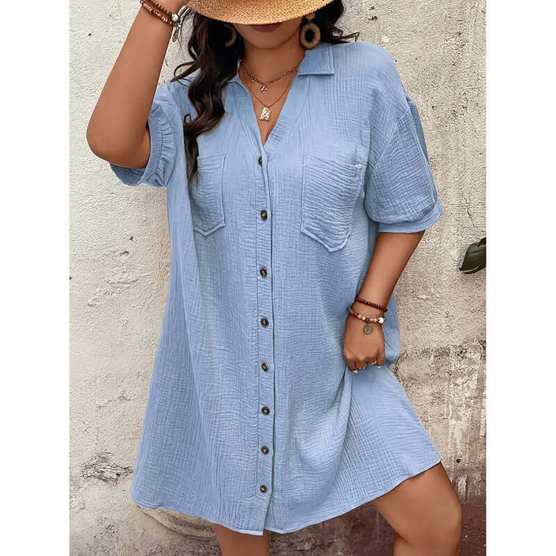 Womens Cotton Shirt Dress Summer Casual Short Sleeve Button Down V Neck Loose Mini Dress With Pockets Lady T Fashions
