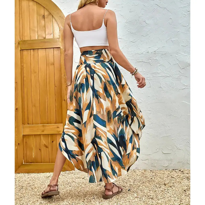 Women's High Elastic Waist Midi Skirt Casual Summer Trendy Tie Front Flowy Floral Print Beach Long Skirt Lady T Fashions