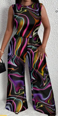 Casual Geometric Pattern Plus Size Jumpsuit With Sleeveless Top, Summer Lady T Fashions