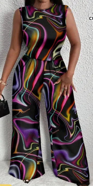 Casual Geometric Pattern Plus Size Jumpsuit With Sleeveless Top, Summer Lady T Fashions
