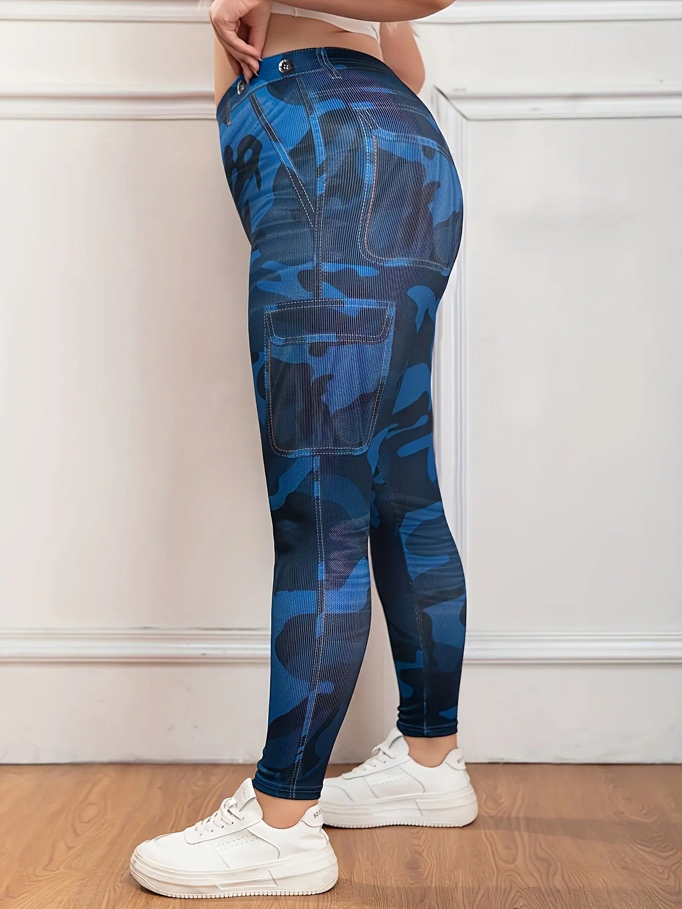 【imitation denim】Plus Size - Stretchy Leggings with a Camouflage Pattern for Plus-Size Women. Lady T Fashions