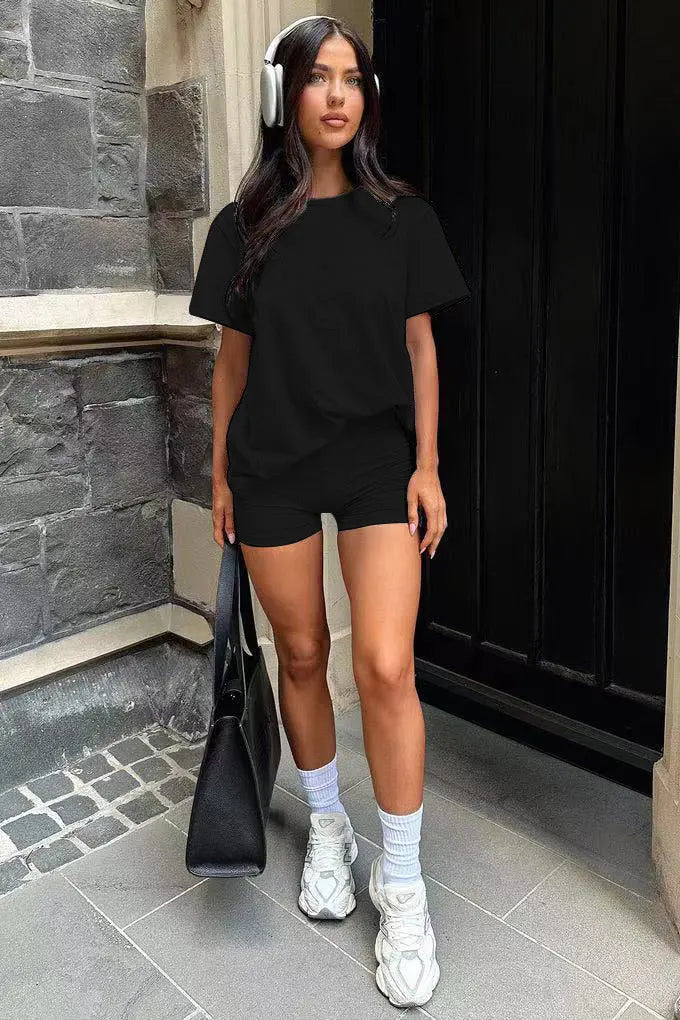 Three Piece Set, Round Neck Short Sleeved Top And Shorts And Pants Set, Sports And Casual Clothing Lady T Fashions