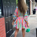 Women's V-Neck Rainbow Stripe Short Dress Three Quarters Sleeve Casual Summer Sundress With Tie Waist Lady T Fashions