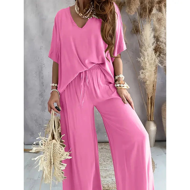 Women's 2 Piece Outfit, Casual Solid Color V-Neck Half Sleeve Top And Wide Leg Pants Lounge Set Lady T Fashions