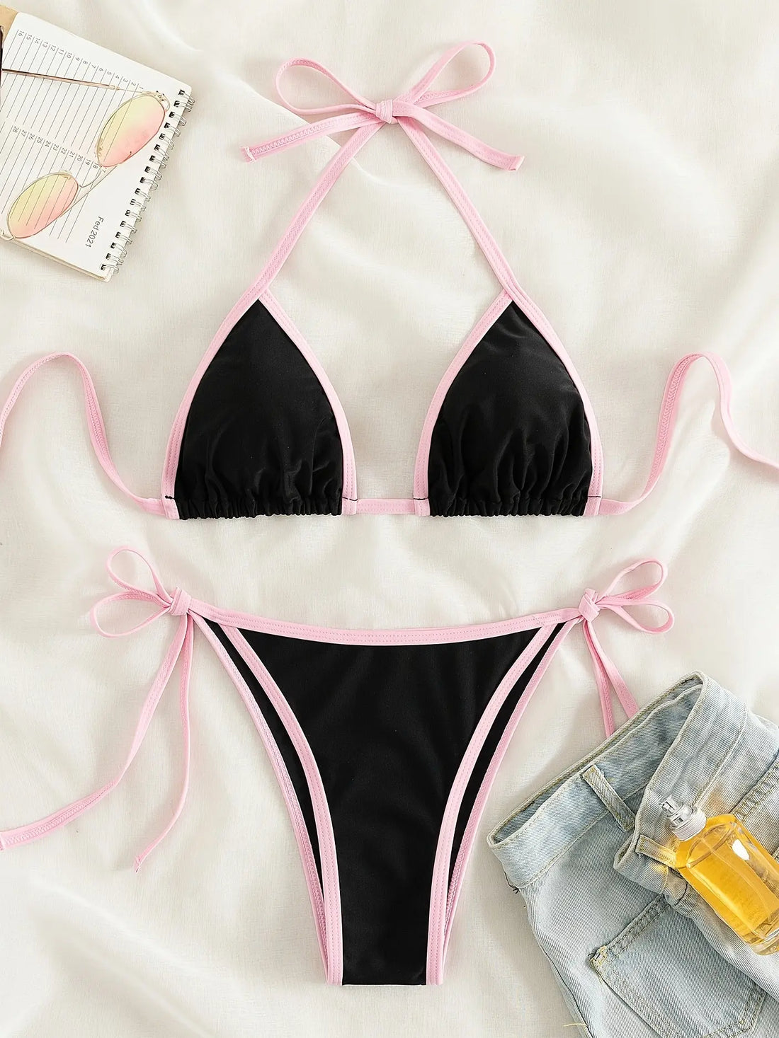 Contrast Trim Tie Side 2 Piece Bikini Swimsuit, Triangle Halter Tie Back Neck Stretchy Beachwear, Cute & Sexy, Women's Swimwear & Clothing Lady T Fashions