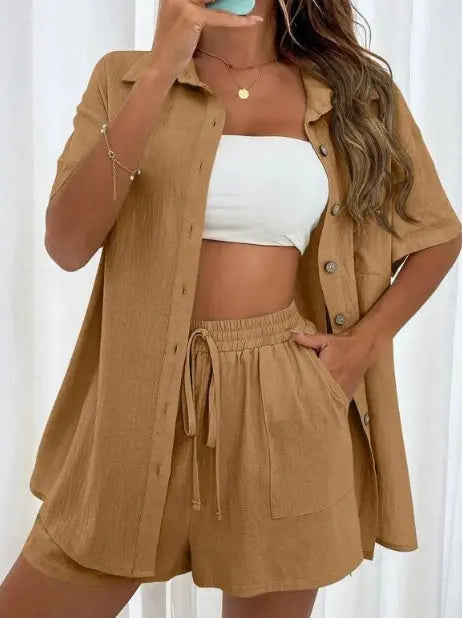 Women's Fashion Shorts Two Pieces Solid Color Shirt Suit Lady T Fashions