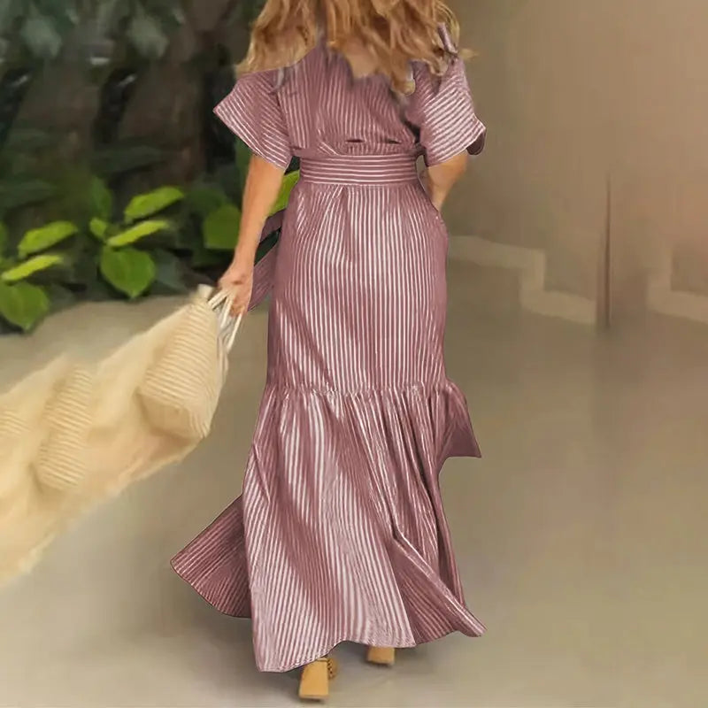 Women's Summer Casual Striped Button Down Maxi Dress Tie Waist Short Sleeve Shirt Dress With Pockets Lady T Fashions