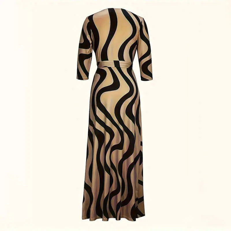 Women's Summer Geometric Print Maxi Dresses Casual 3 4 Sleeve V-Neck Tie Waist Long Dress Lady T Fashions