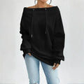 Plus Size Women's Solid Color Off-Shoulder Long Sleeve Pullover With Drawstring - Casual Ribbed Detail Top For Spring&Fall Lady T Fashions
