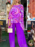 Summer New Colorful Chiffon Suit Casual Round Neck Printed Two-piece Suit Lady T Fashions