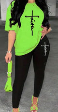 Women's Alphabet Printed Round Neck T-Shirt And Leggings Set Lady T Fashions