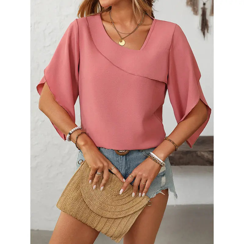 Womens Tops Dressy Casual 3 4 Sleeve Asymmetrical V Neck Work Shirts Blouses Lady T Fashions