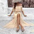 Womens Off The Shoulder Ruffle Party Dresses Side Split Beach Maxi Dress Lady T Fashions