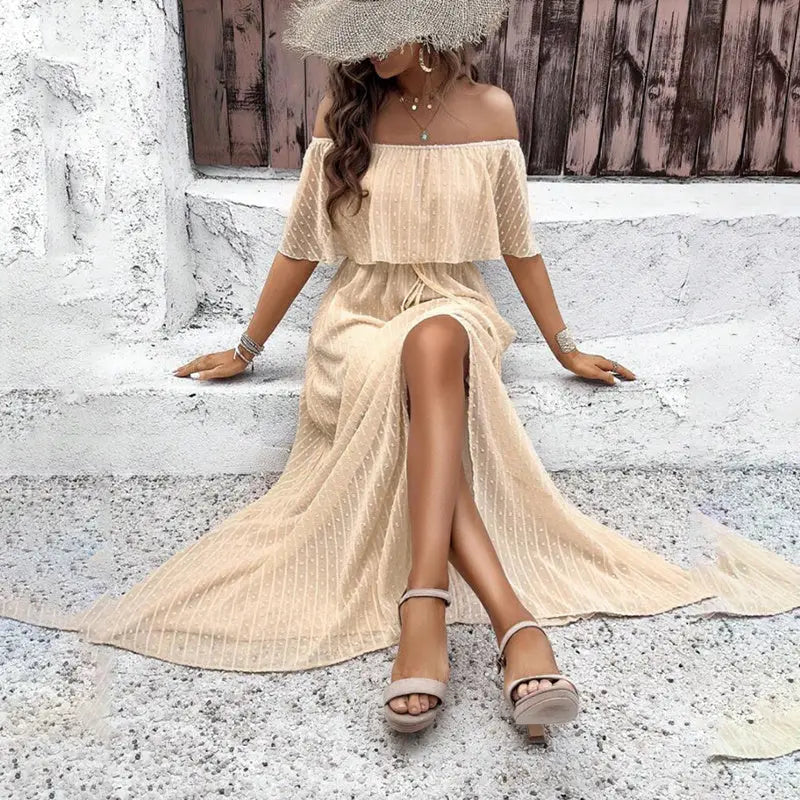 Womens Off The Shoulder Ruffle Party Dresses Side Split Beach Maxi Dress Lady T Fashions
