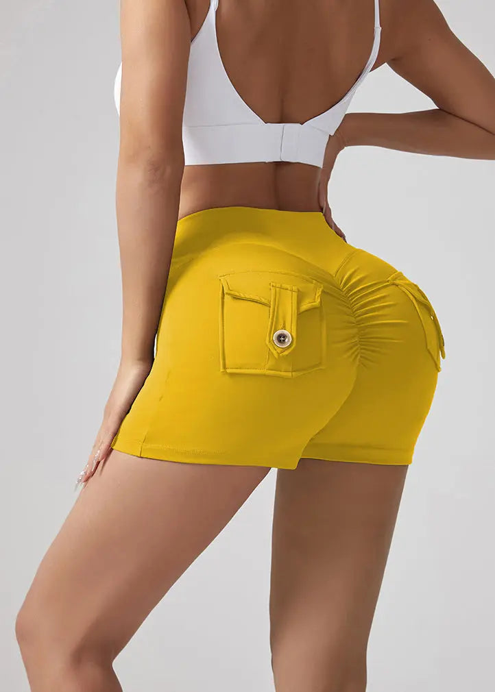 V-waist Stretch Yoga Workwear, Pocket Button Tight Pants, Women's Peach Hip Running And Fitness Shorts Lady T Fashions