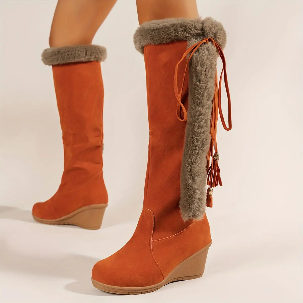 Women's Wedge Knee High Snow Boots, Plush Comfy Lace Up Round Toe Shoes, Winter Thermal Shoes Lady T Fashions