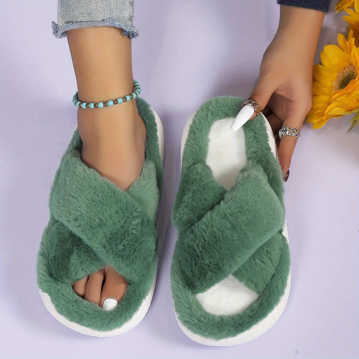 Women's Platform Fuzzy House Slippers, Open Toe Criss Cross Solid Color Casual Home Slides, Women's Indoor Flat Comfy Shoes Lady T Fashions