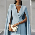 Women's Elegant Solid Color V Neck Double-Breasted Cape Blazer Dress Spring & Summer Party Banquet Outfit Lady T Fashions