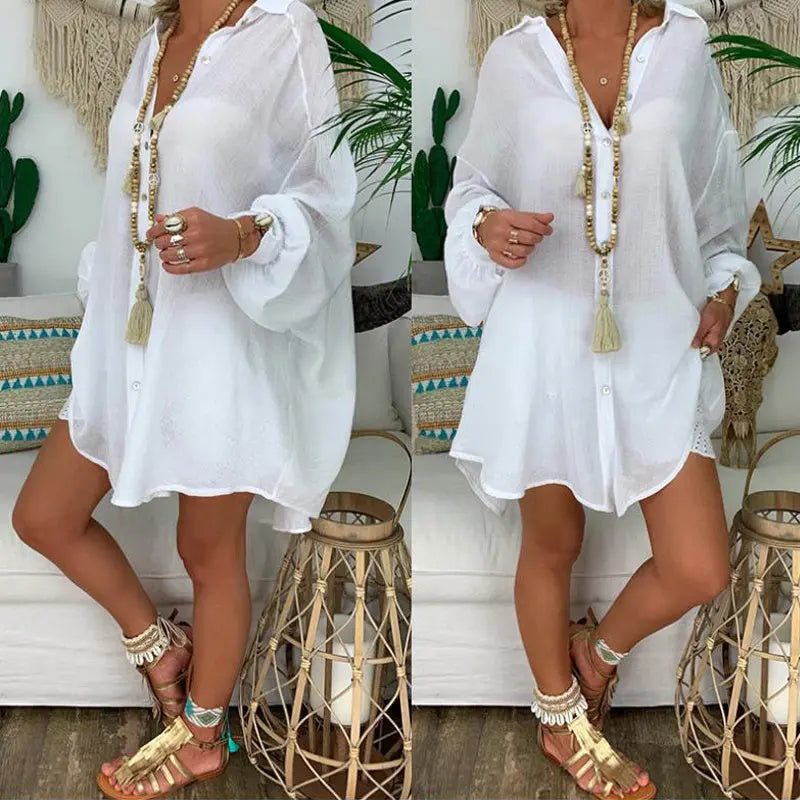 Plus Size Women's Solid Color Notch Lapel Long Sleeve Dress With Button Front Sheer Lightweight Midi Dress For Summer Lady T Fashions
