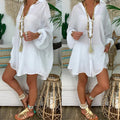Plus Size Women's Solid Color Notch Lapel Long Sleeve Dress With Button Front Sheer Lightweight Midi Dress For Summer Lady T Fashions