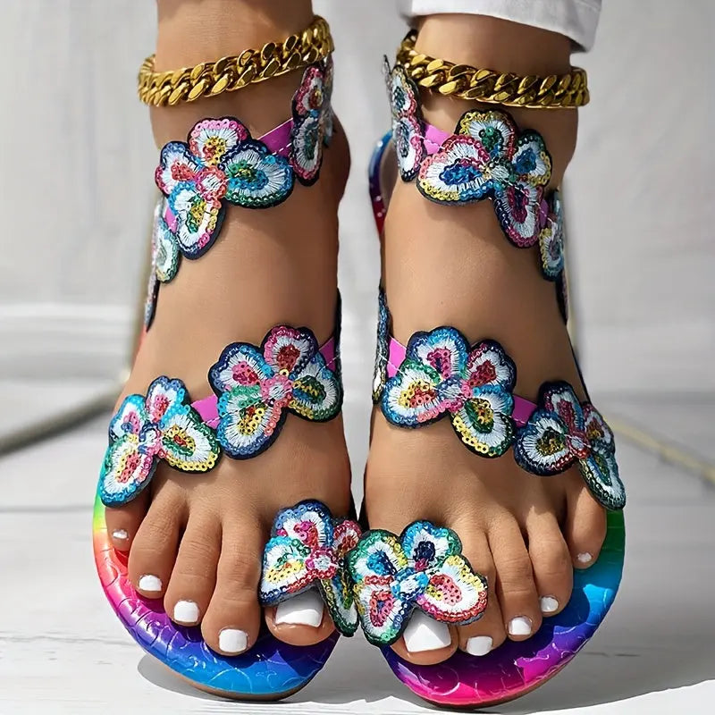 [Flowers Flat Women's Sandals] Women's Flowers Flat Sandals, Fashion Toe Loop Faux Pearl Slip On Shoes, Casual Beach Travel Sandals Lady T Fashions