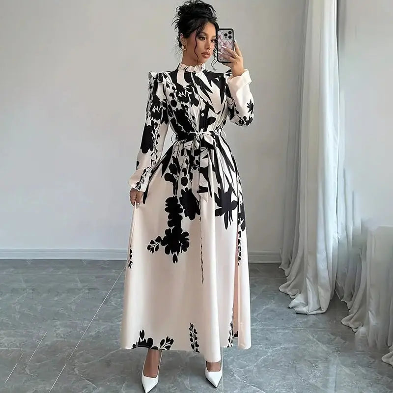 Women's Floral Print Long Sleeve Maxi Dress - Stand Collar A-Line Dress With Waist Detail, Lantern Sleeves & Ruffle Hem For Spring&Fall Lady T Fashions