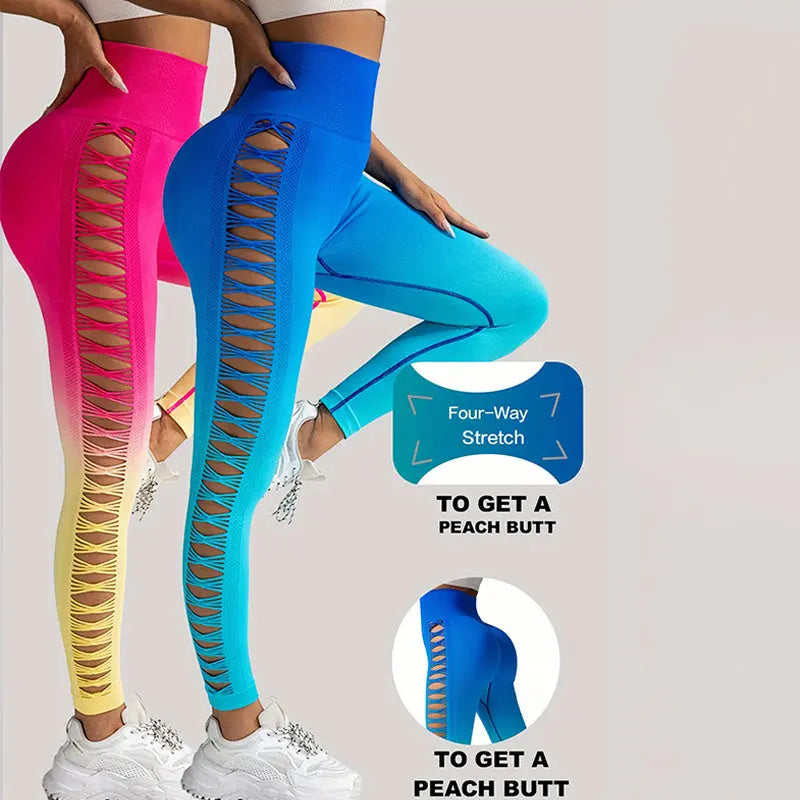 2 Pack Cut Out Ombre Gradient Color Hollow High-waist Butt-lifting Fitness Women's Yoga Pants, Women's High Waist Yoga Pants Cutout Ripped Super Soft And Comfortable Skinny Lady T Fashions