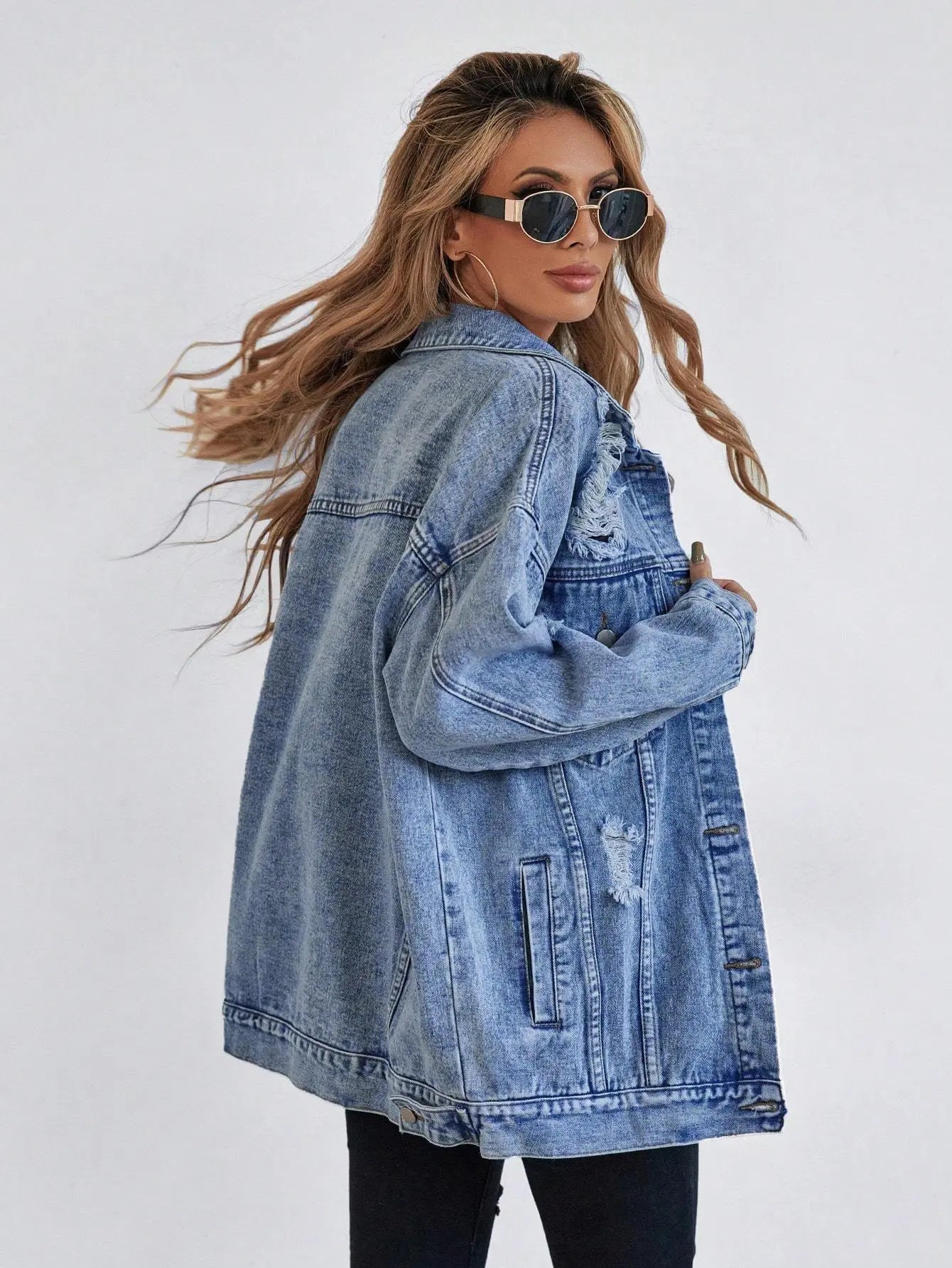 Button Blue Front Flap Pocket Drop Shoulder Denim Jacket Lady T Fashions