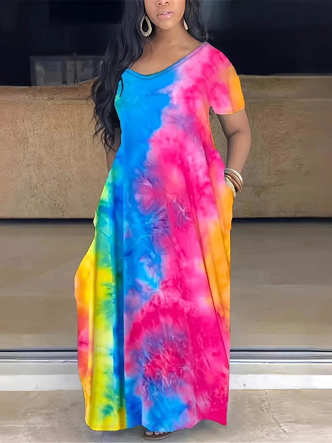 [Tie Dye Maxi Dress] Elegant Plus Size Maxi Dress | Women's Tie Dye Print Short Sleeve with Pocket, Medium Stretch Long Dress Lady T Fashions