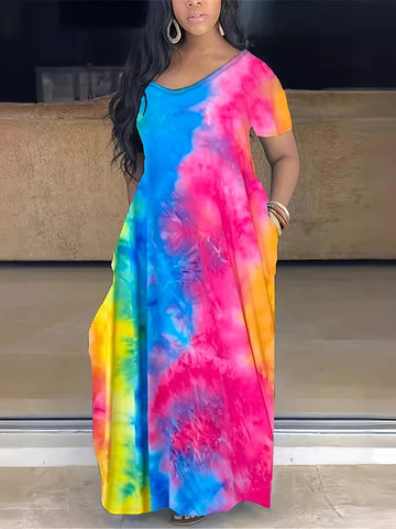 [Tie Dye Maxi Dress] Elegant Plus Size Maxi Dress | Women's Tie Dye Print Short Sleeve with Pocket, Medium Stretch Long Dress Lady T Fashions