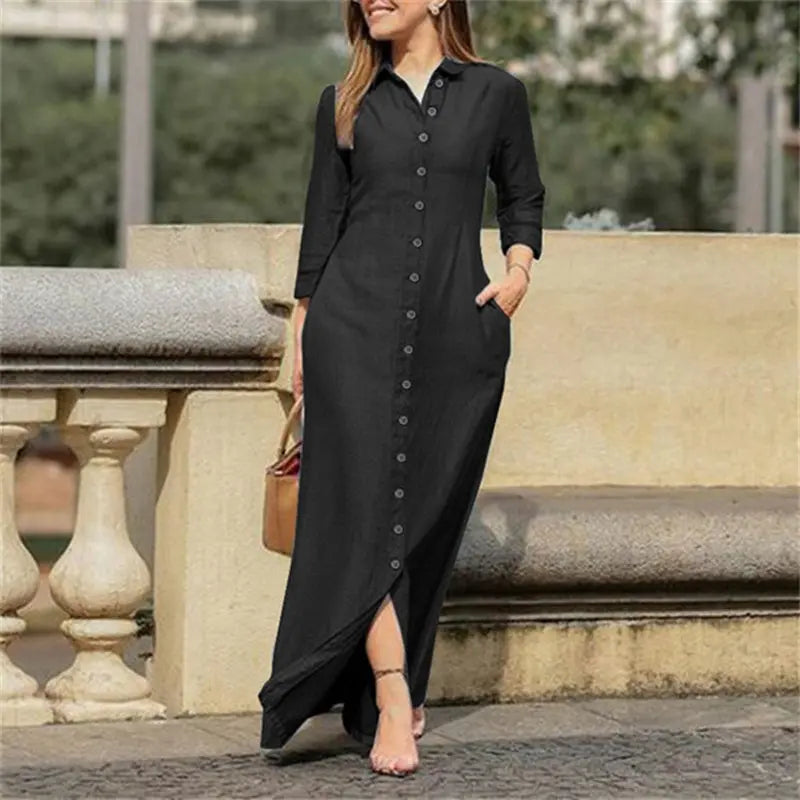 Womens Casual Button Down Denim Maxi Dress Long Sleeve Long Jean Dresses With Pockets Lady T Fashions