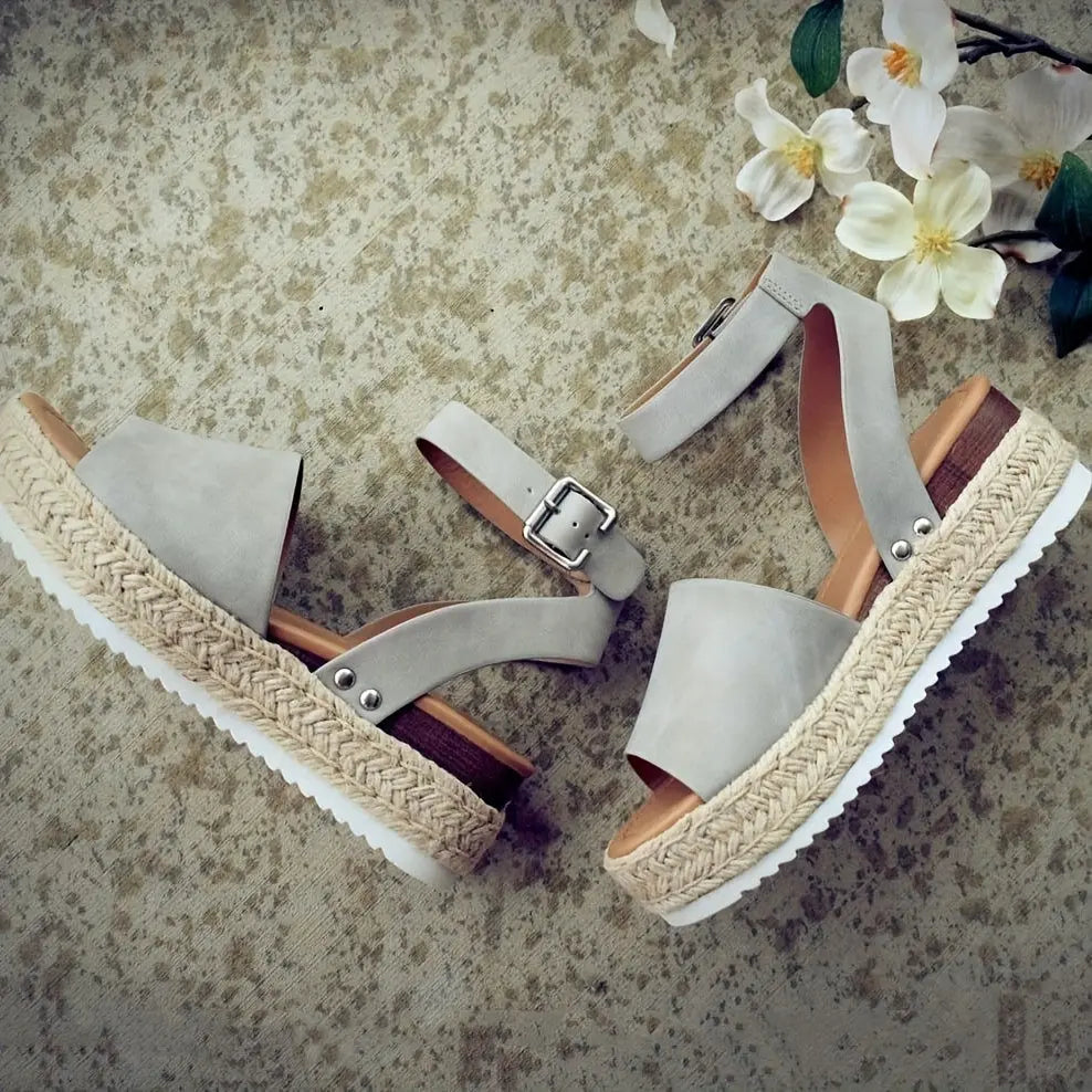 Mid Heel Platform Espadrille Sandals - Buckle Ankle Strap, Open Toe, Lightweight, Non Slip, Faux Leather Upper, PU Sole, Comfortable, Casual, Solid Color, Summer Shoes for Women Lady T Fashions